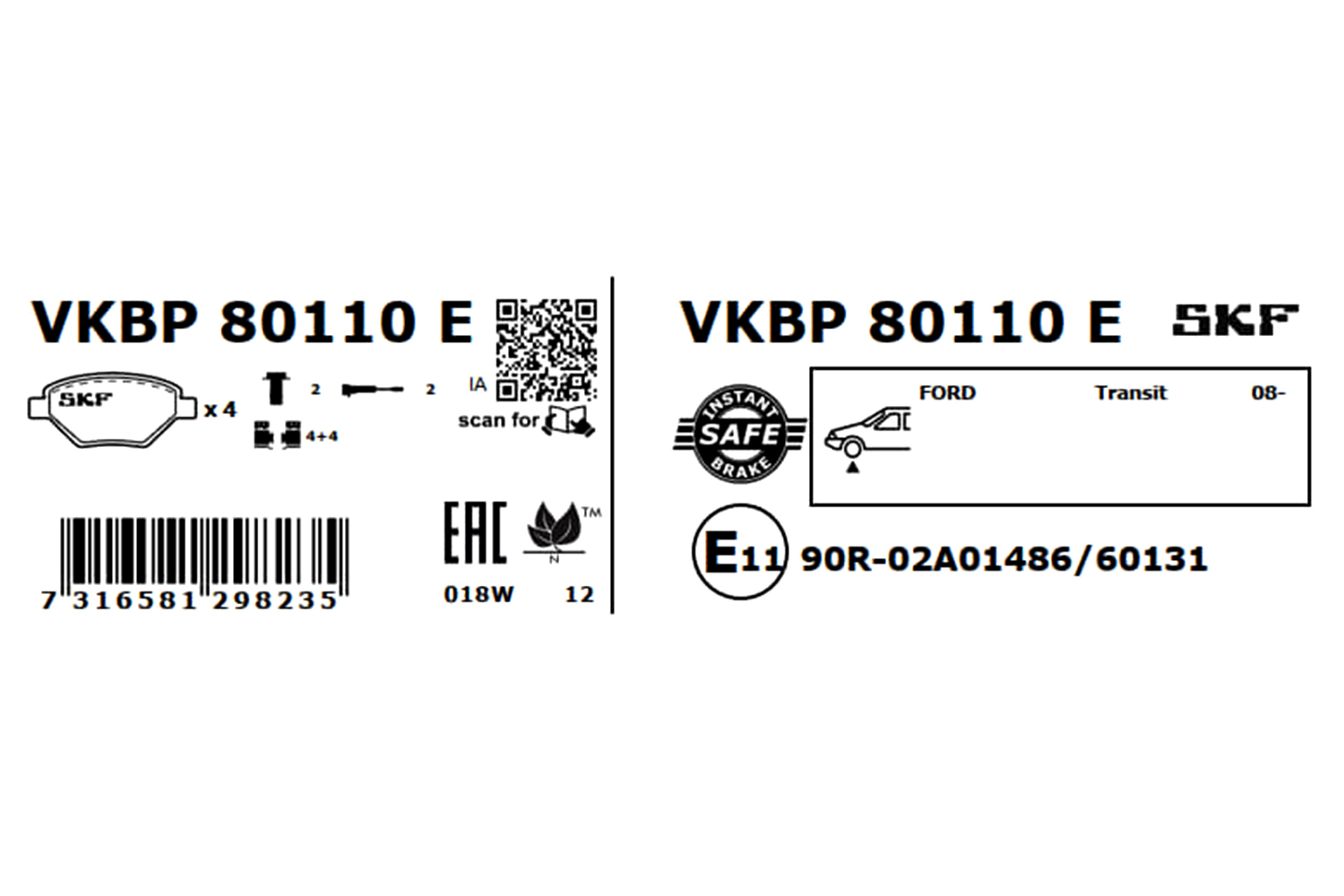 Комплект тормозных колодок, дисковый тормоз - VKBP 80110 E SKF